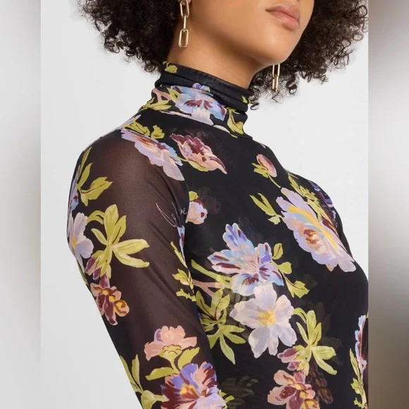 Cinq a sept Bridgette shirred mesh floral turtleneck top sz lg - Picture 4 of 15